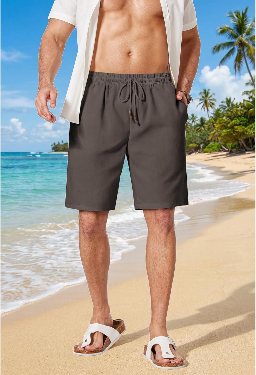 imageCOOFANDY Mens Linen Shorts 9 Casual Summer Beach Shorts Elastic Waist Drawstring Vacation Short with PocketsDark Gray