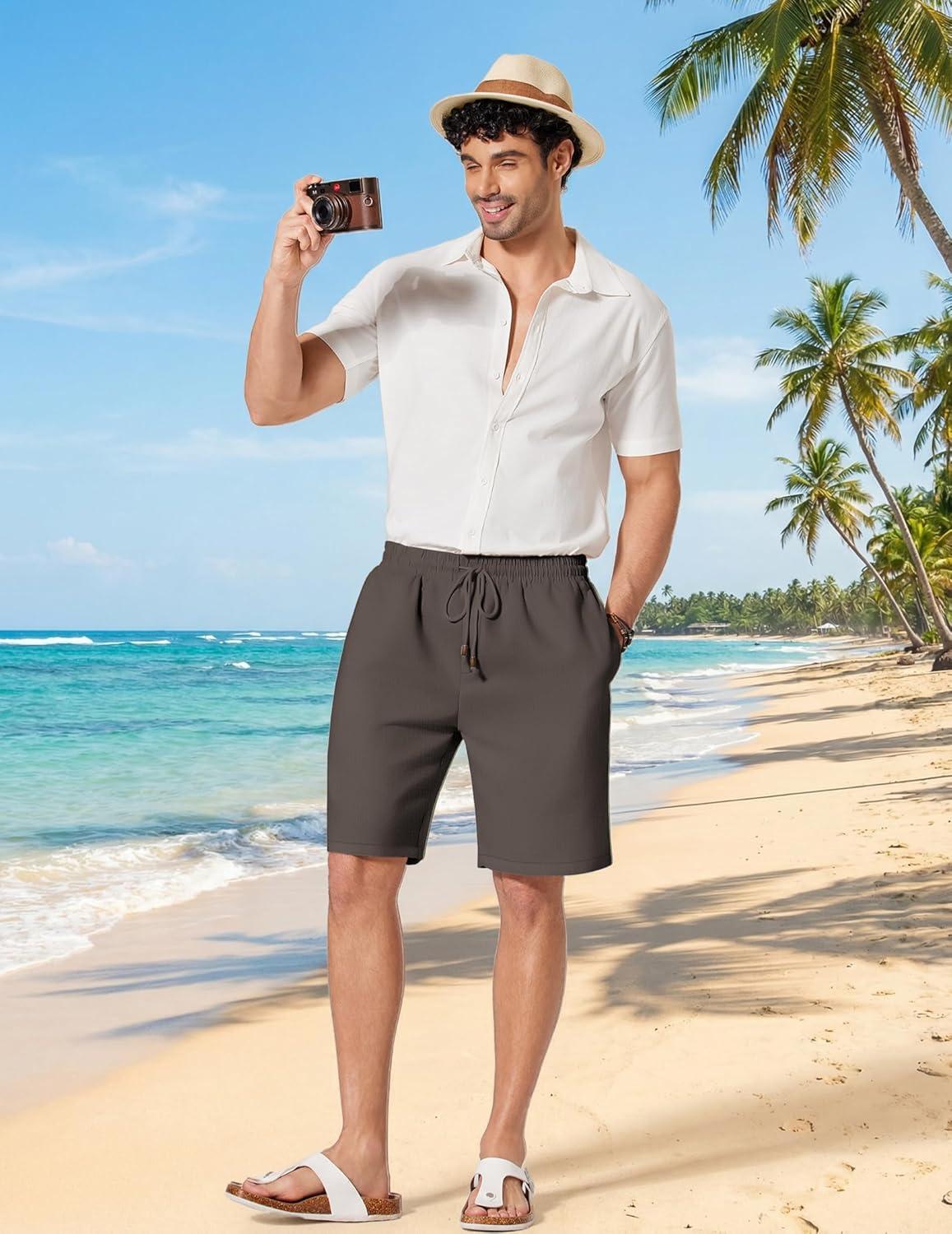 imageCOOFANDY Mens Linen Shorts 9 Casual Summer Beach Shorts Elastic Waist Drawstring Vacation Short with PocketsDark Gray