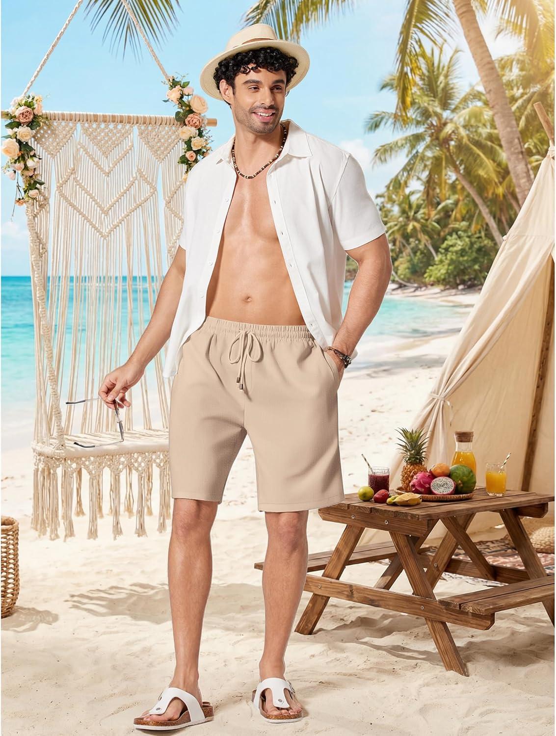 imageCOOFANDY Mens Linen Shorts 9 Casual Summer Beach Shorts Elastic Waist Drawstring Vacation Short with PocketsDark Khaki