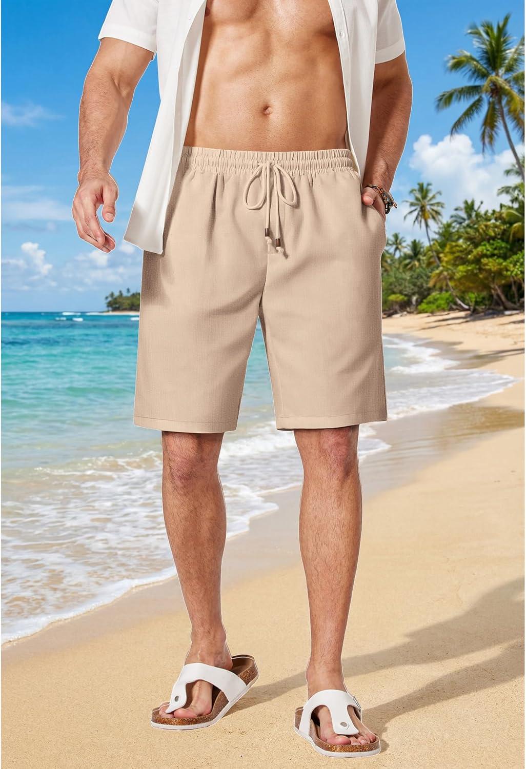 imageCOOFANDY Mens Linen Shorts 9 Casual Summer Beach Shorts Elastic Waist Drawstring Vacation Short with PocketsDark Khaki