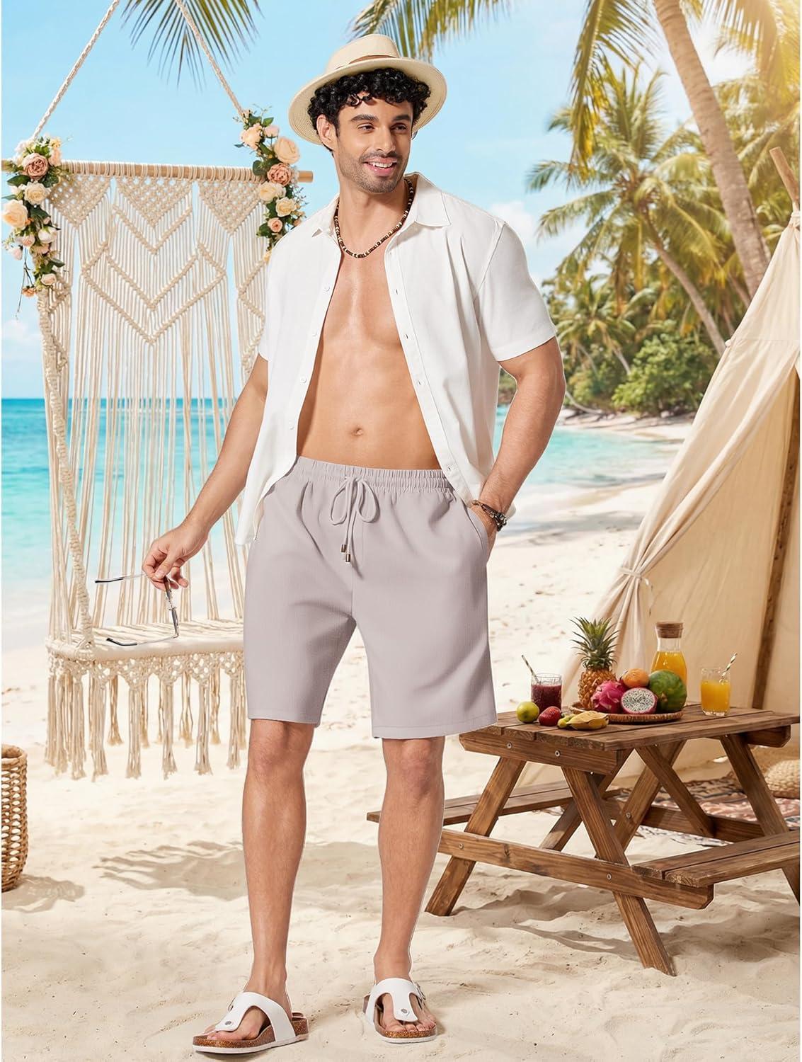 imageCOOFANDY Mens Linen Shorts 9 Casual Summer Beach Shorts Elastic Waist Drawstring Vacation Short with PocketsLight Gray