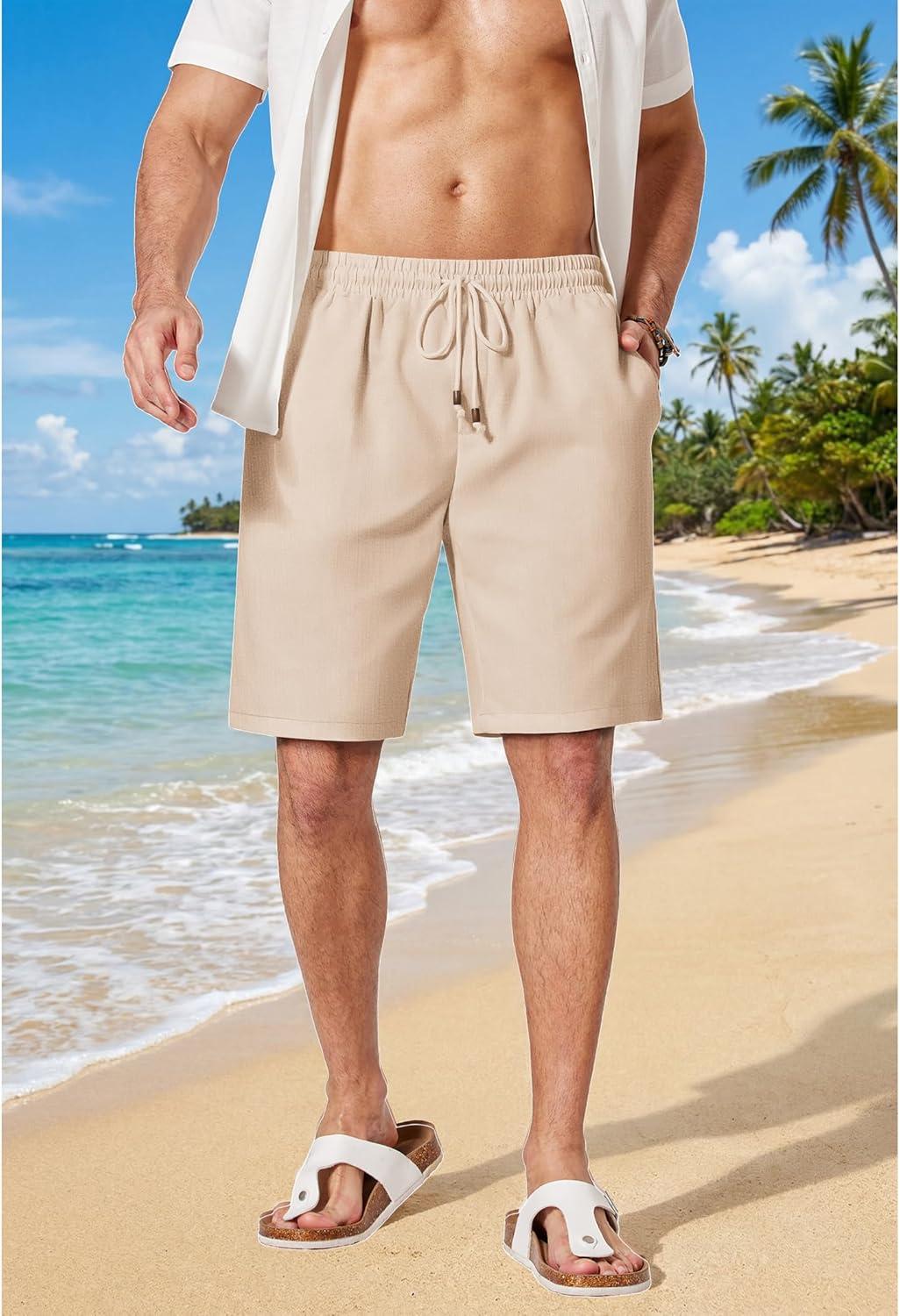 imageCOOFANDY Mens Linen Shorts 9 Casual Summer Beach Shorts Elastic Waist Drawstring Vacation Short with PocketsLight Khaki