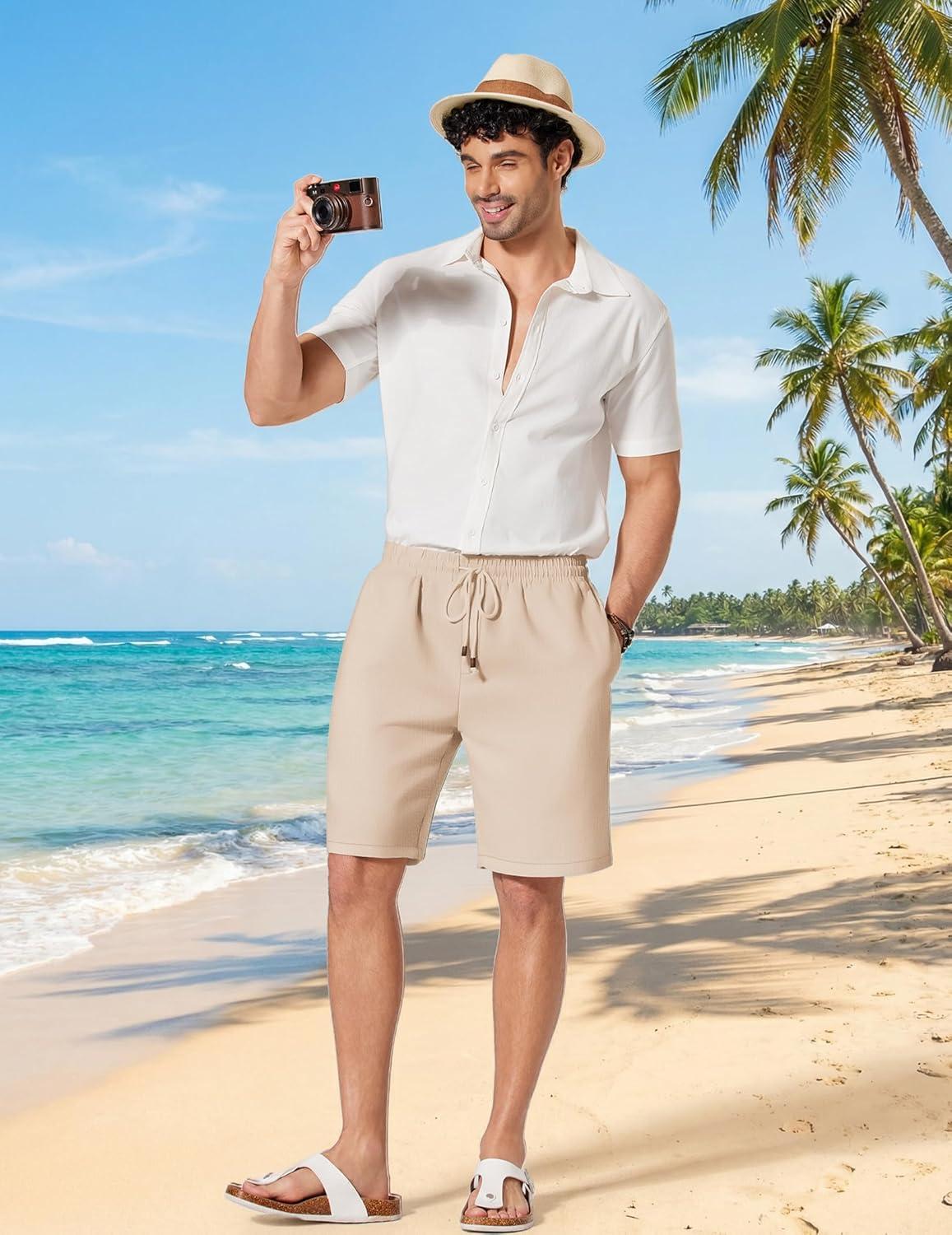 imageCOOFANDY Mens Linen Shorts 9 Casual Summer Beach Shorts Elastic Waist Drawstring Vacation Short with PocketsLight Khaki