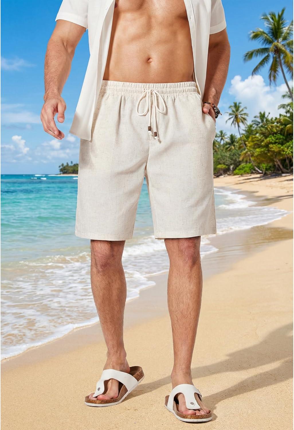 imageCOOFANDY Mens Linen Shorts 9 Casual Summer Beach Shorts Elastic Waist Drawstring Vacation Short with PocketsLinen Khaki