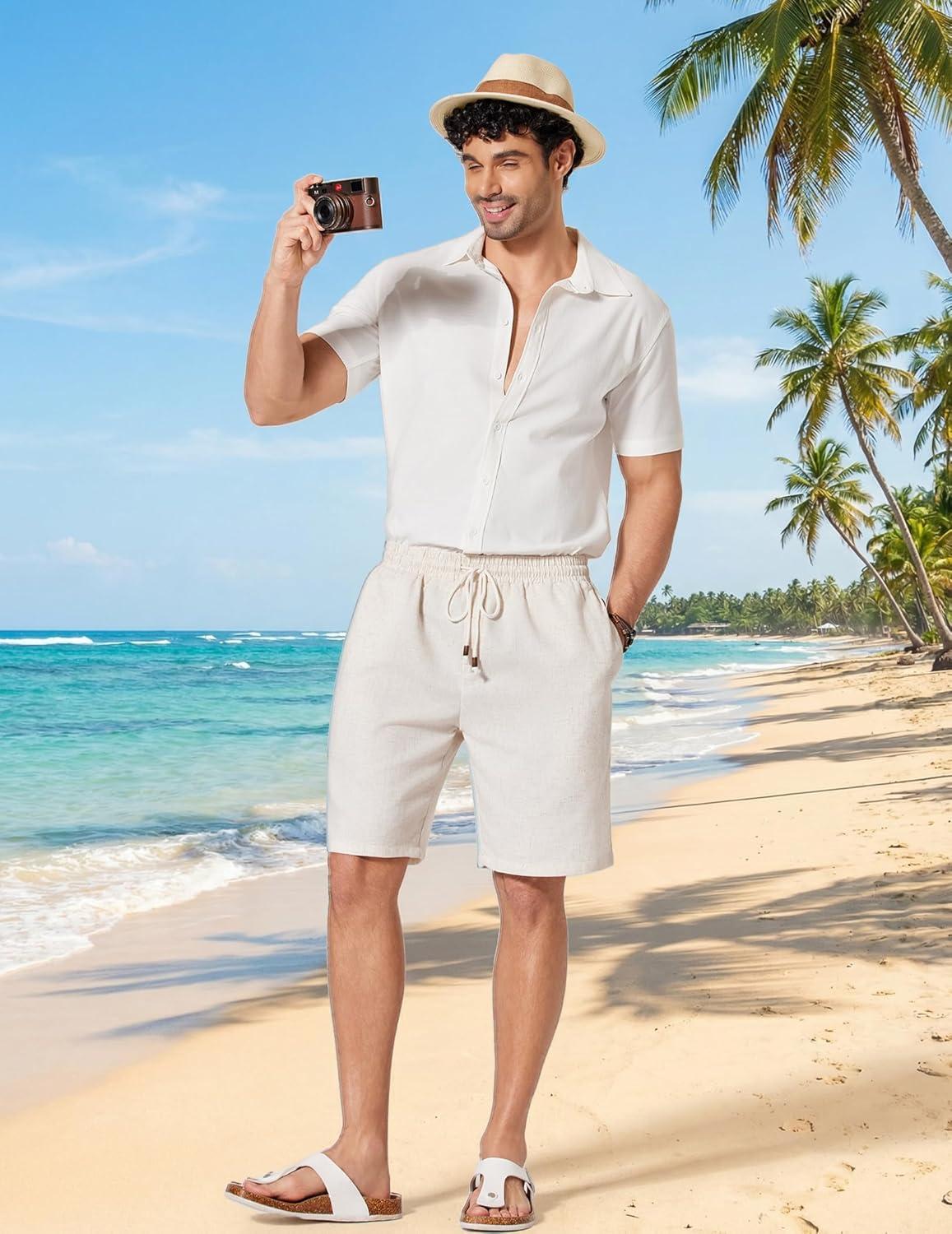 imageCOOFANDY Mens Linen Shorts 9 Casual Summer Beach Shorts Elastic Waist Drawstring Vacation Short with PocketsLinen Khaki