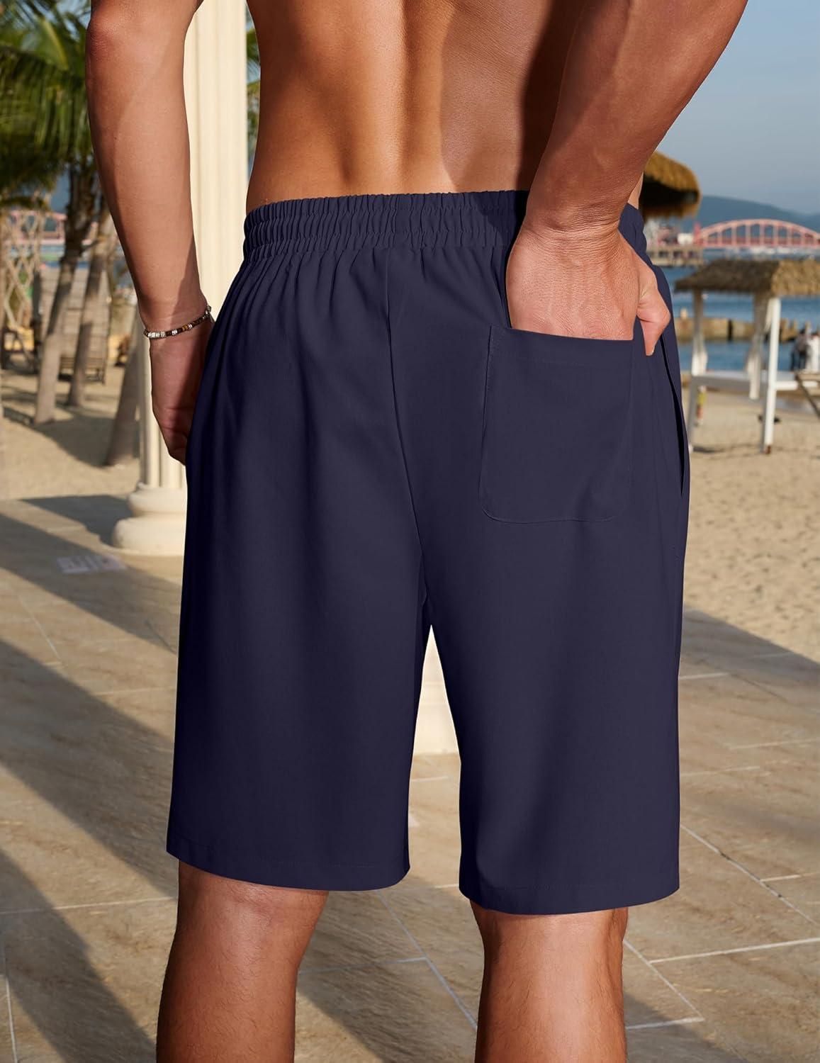 imageCOOFANDY Mens Linen Shorts 9 Casual Summer Beach Shorts Elastic Waist Drawstring Vacation Short with PocketsNavy Blue