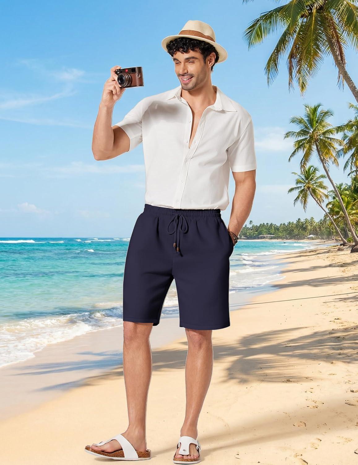 imageCOOFANDY Mens Linen Shorts 9 Casual Summer Beach Shorts Elastic Waist Drawstring Vacation Short with PocketsNavy Blue