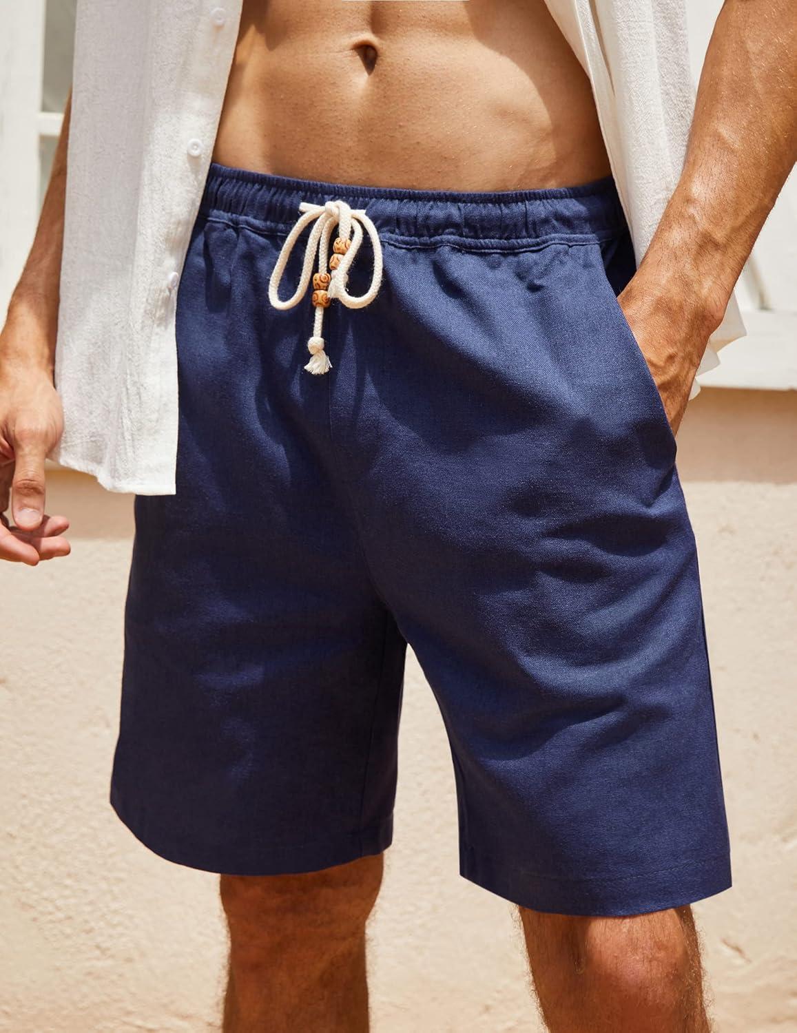 imageCOOFANDY Mens Linen Shorts Casual 9 7 Elastic Waist Drawstring Summer Beach ShortsLight Khaki Navy Blue