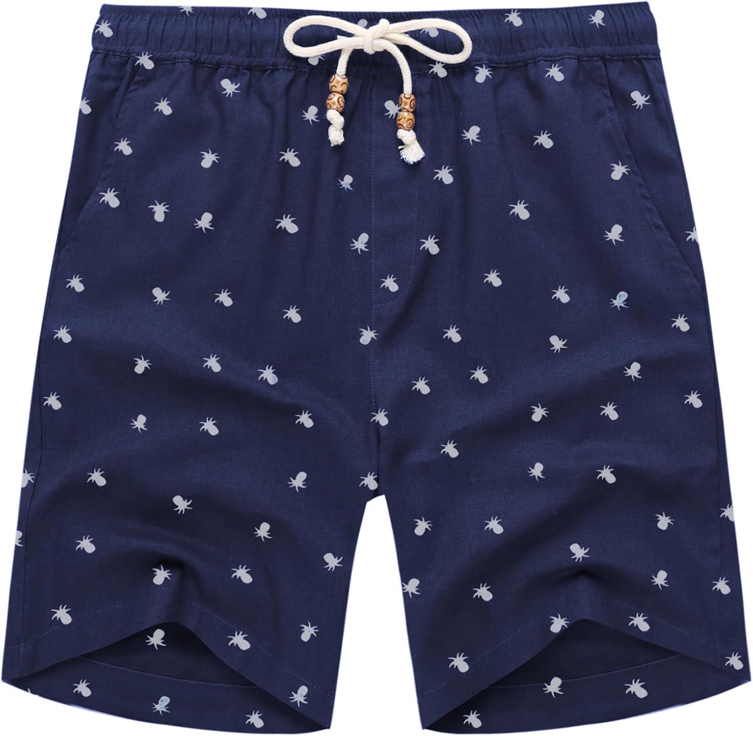 imageCOOFANDY Mens Linen Shorts Casual 9 7 Elastic Waist Drawstring Summer Beach ShortsNavy Pineapple