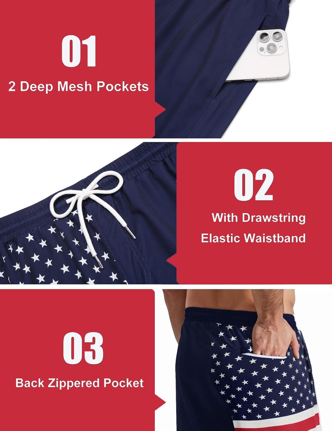 imageCOOFANDY Mens Swim Trunks with Compression Liner Quick Dry 7 Inch Bathing Suit Beach Short with Zipper PocketsAmerican Flag