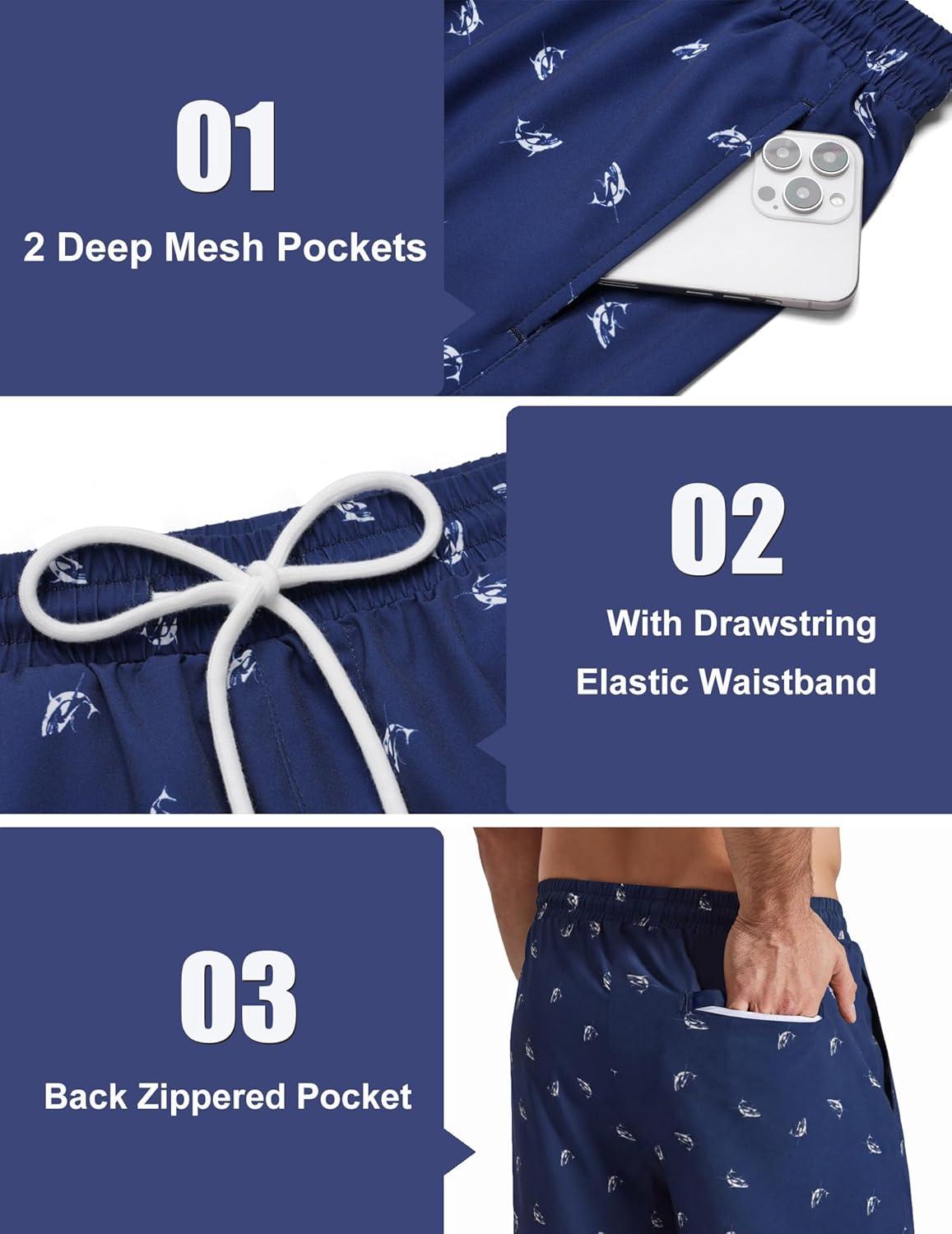imageCOOFANDY Mens Swim Trunks with Compression Liner Quick Dry 7 Inch Bathing Suit Beach Short with Zipper PocketsBlue Shark