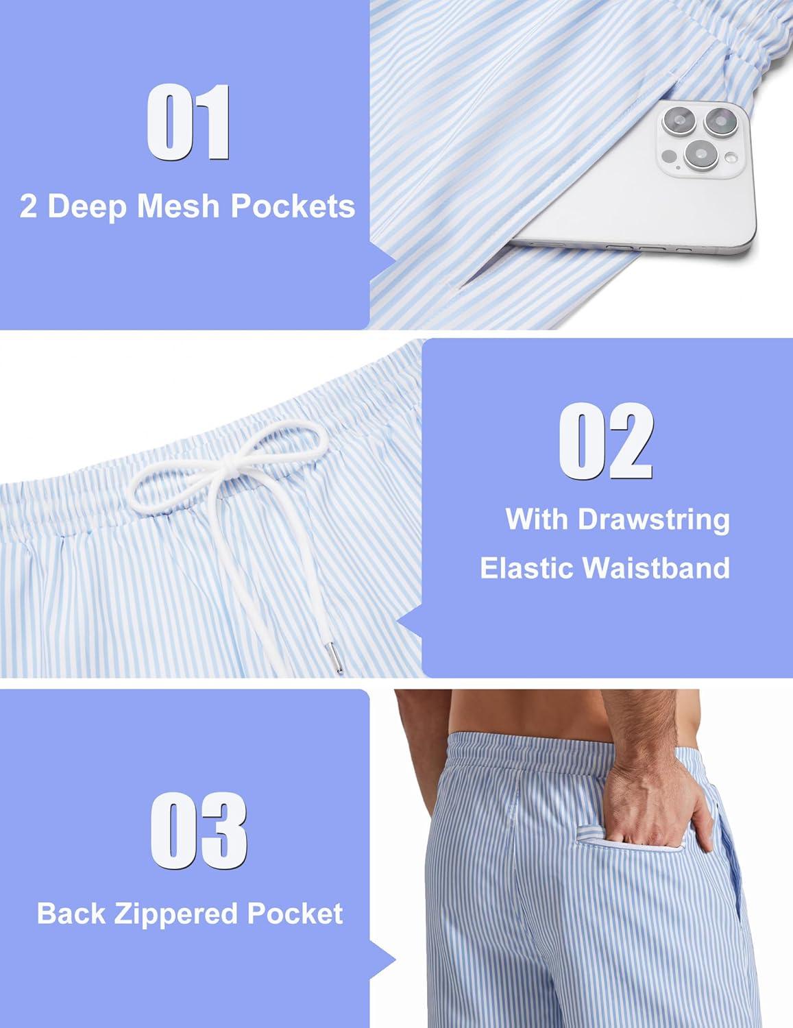 imageCOOFANDY Mens Swim Trunks with Compression Liner Quick Dry 7 Inch Bathing Suit Beach Short with Zipper PocketsBlue Stripe