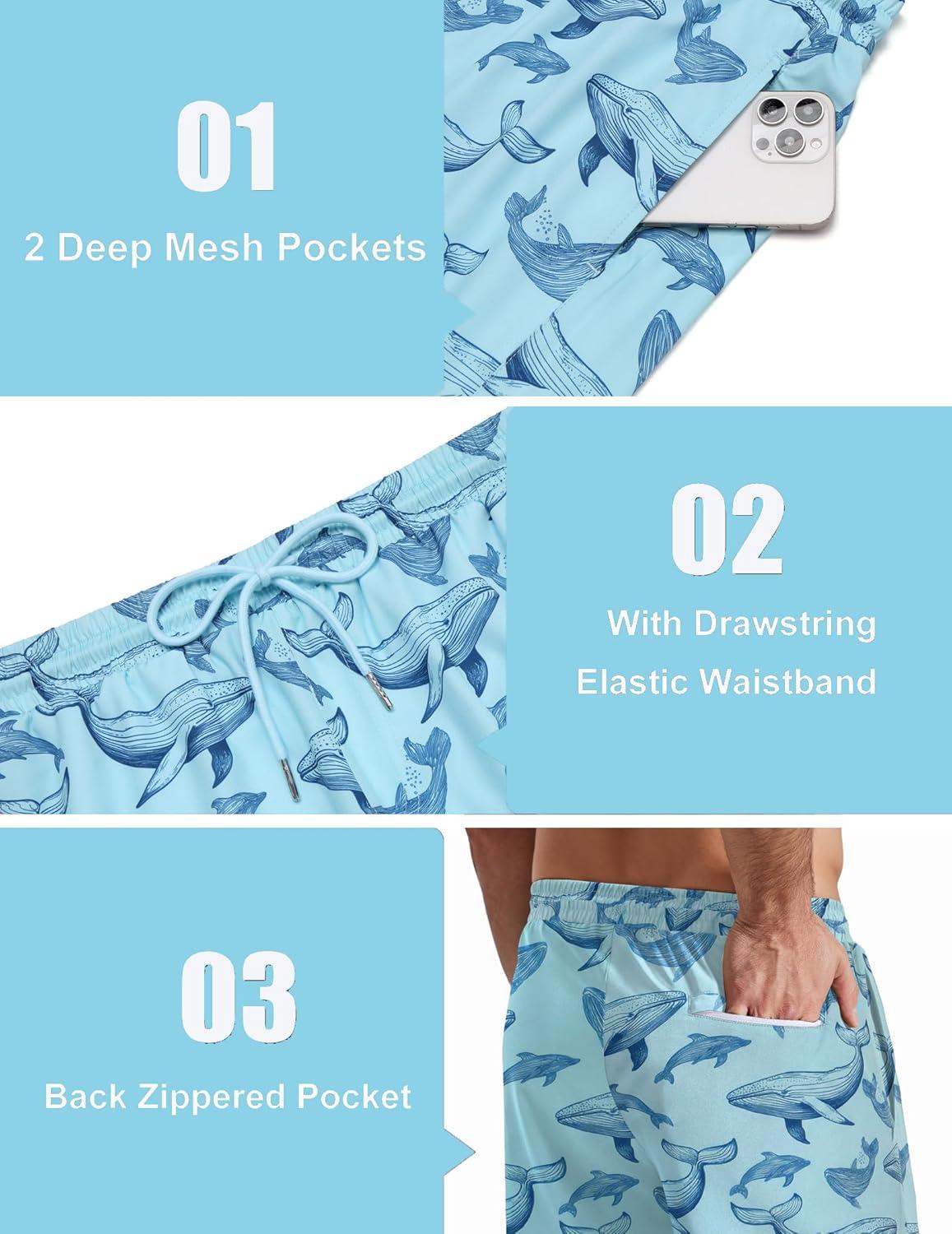 imageCOOFANDY Mens Swim Trunks with Compression Liner Quick Dry 7 Inch Bathing Suit Beach Short with Zipper PocketsOcean Whale