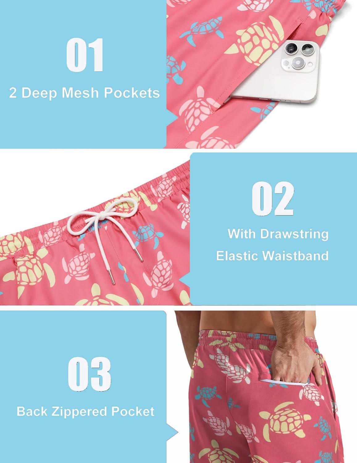 imageCOOFANDY Mens Swim Trunks with Compression Liner Quick Dry 7 Inch Bathing Suit Beach Short with Zipper PocketsPastel Turtles