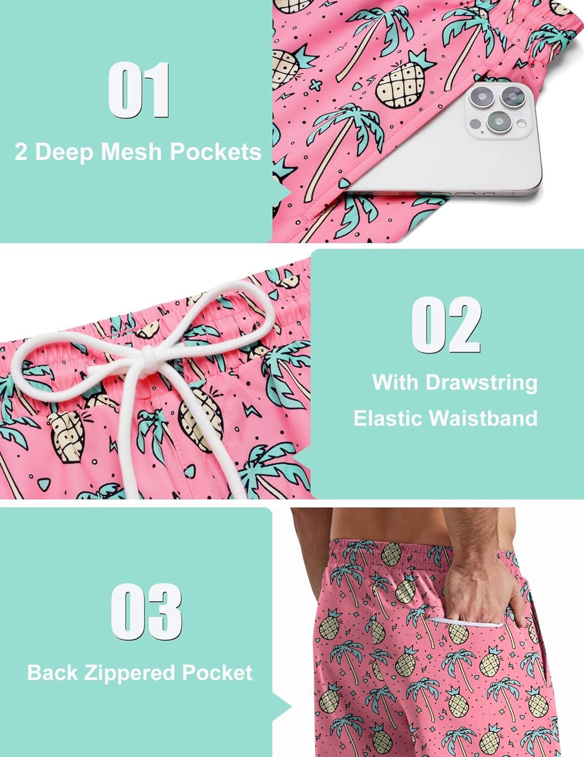 imageCOOFANDY Mens Swim Trunks with Compression Liner Quick Dry 7 Inch Bathing Suit Beach Short with Zipper PocketsPink Pineapple