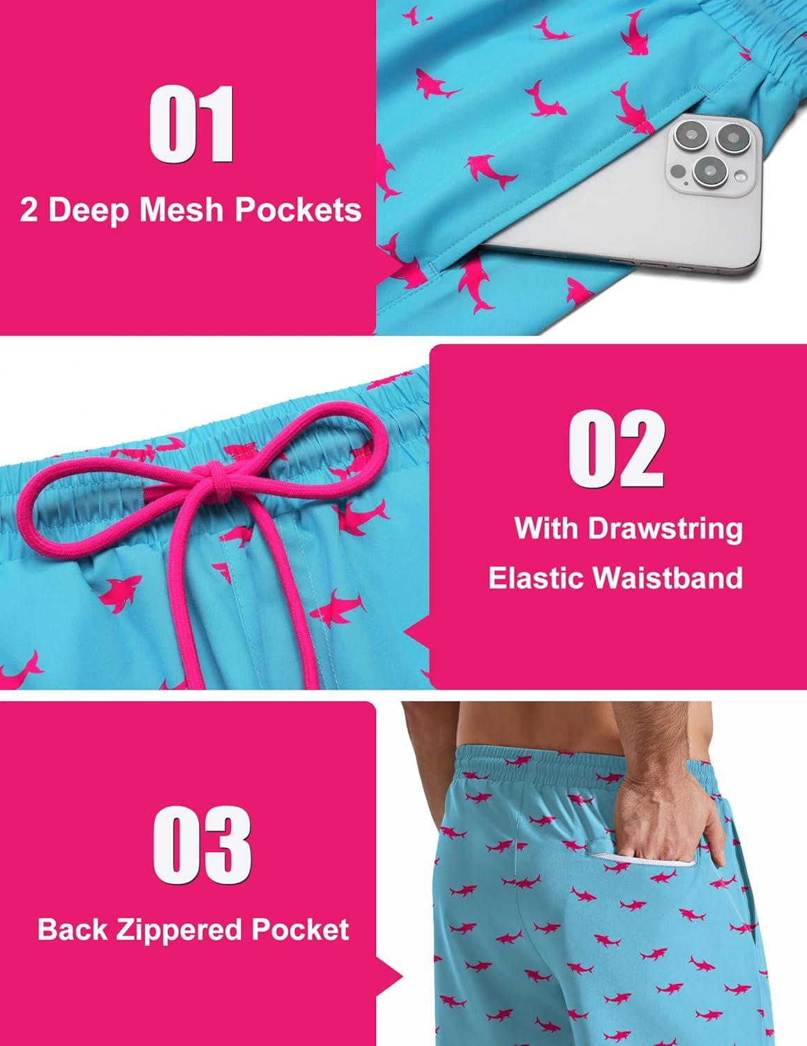 imageCOOFANDY Mens Swim Trunks with Compression Liner Quick Dry 7 Inch Bathing Suit Beach Short with Zipper PocketsPink Shark