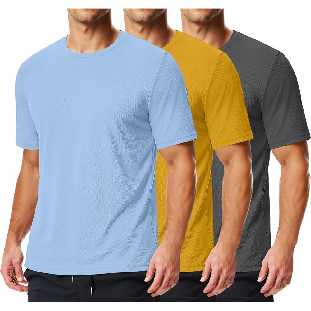 imageCOOFANDY 3 Pack Mens Athletic TShirts Short Sleeve Quick Dry Moisture Wicking Workout Shirts for Running Gym CasualZdeep GreyYellowBlue3 Pack