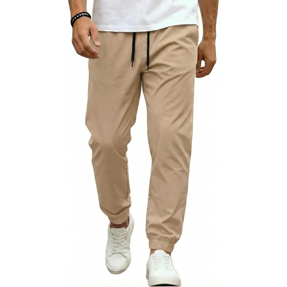 imageCOOFANDY Men Casual Joggers Pants Cotton Cargo Elastic Waist Chino Pants Twill Hiking Outdoor SweatpantsLiggt Khaki