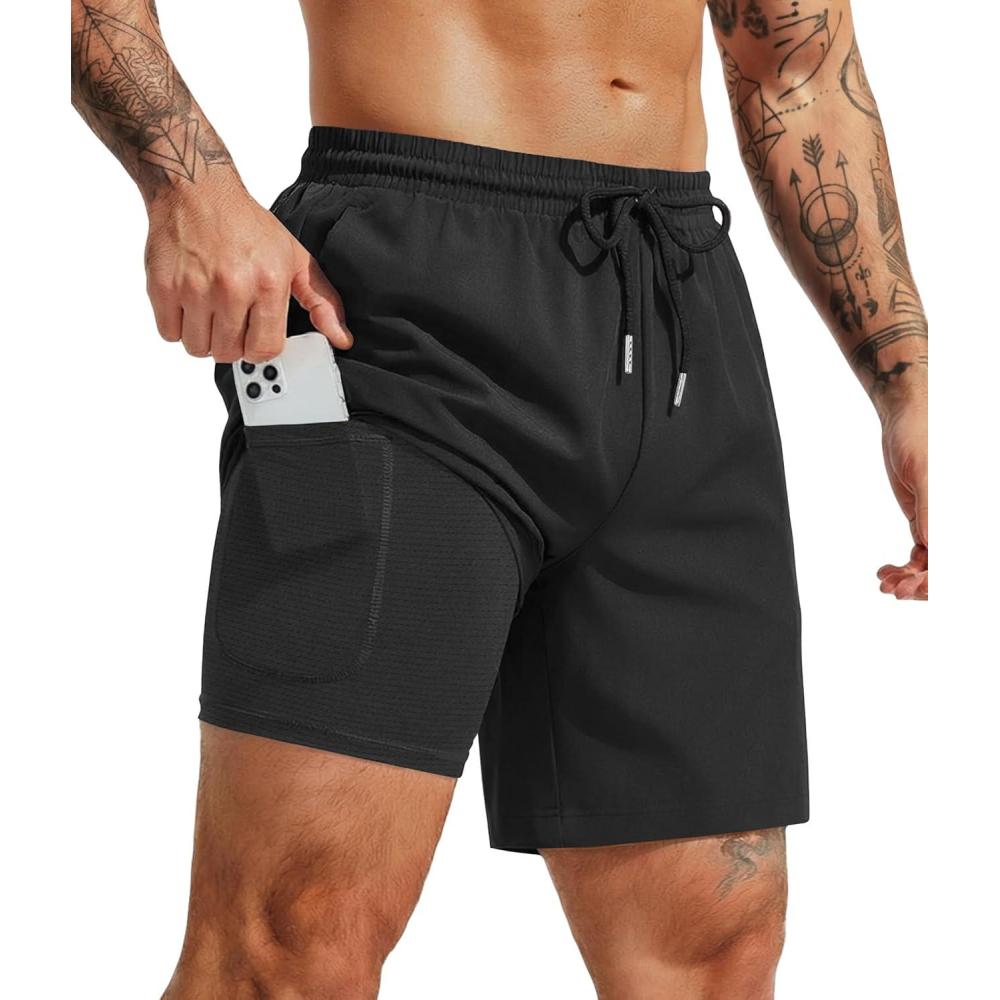 imageCOOFANDY Mens 7 Swim Trunks with Compression Liner Quick Dry 2 in 1 Bathing Suit Beach Swimwear Board Shorts with PocketsAblack