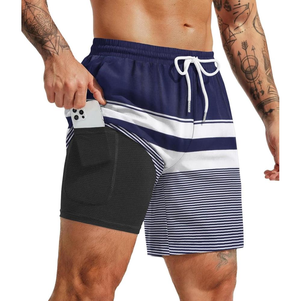 imageCOOFANDY Mens 7 Swim Trunks with Compression Liner Quick Dry 2 in 1 Bathing Suit Beach Swimwear Board Shorts with PocketsBblue White Stripes