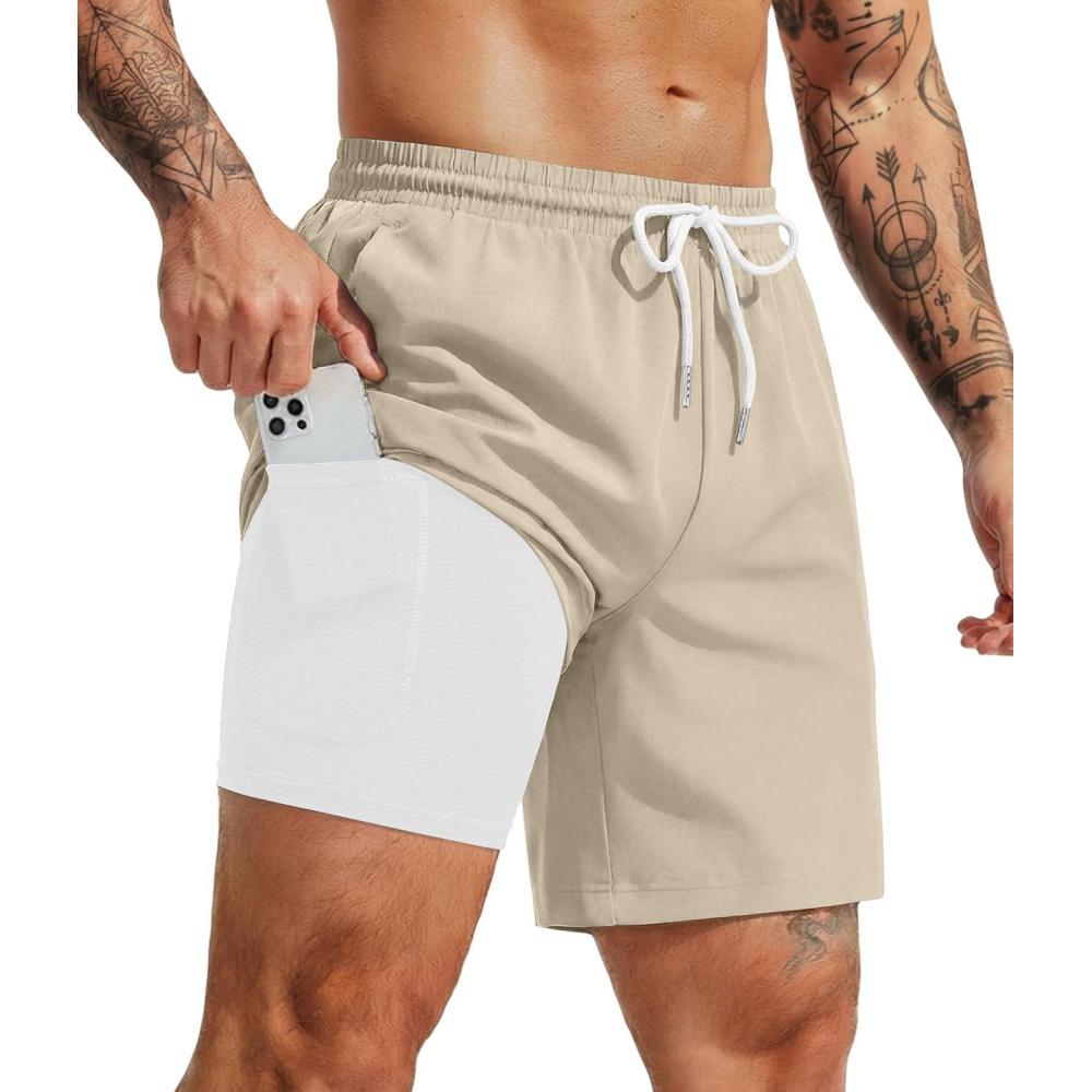 imageCOOFANDY Mens 7 Swim Trunks with Compression Liner Quick Dry 2 in 1 Bathing Suit Beach Swimwear Board Shorts with PocketsBeige
