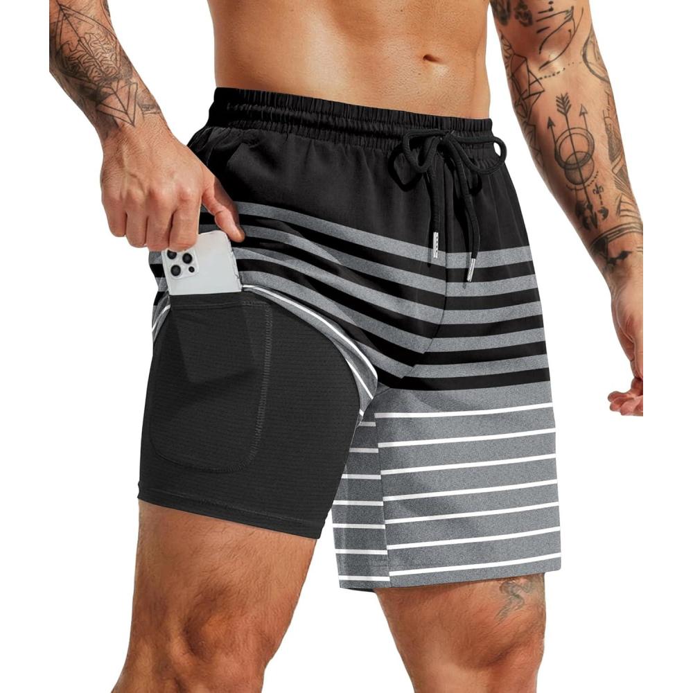 imageCOOFANDY Mens 7 Swim Trunks with Compression Liner Quick Dry 2 in 1 Bathing Suit Beach Swimwear Board Shorts with PocketsBlack Gray White Stripes