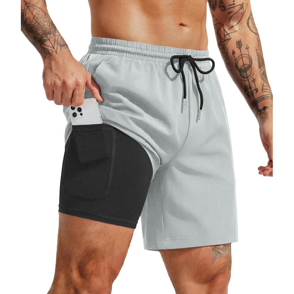 imageCOOFANDY Mens 7 Swim Trunks with Compression Liner Quick Dry 2 in 1 Bathing Suit Beach Swimwear Board Shorts with PocketsGray Green