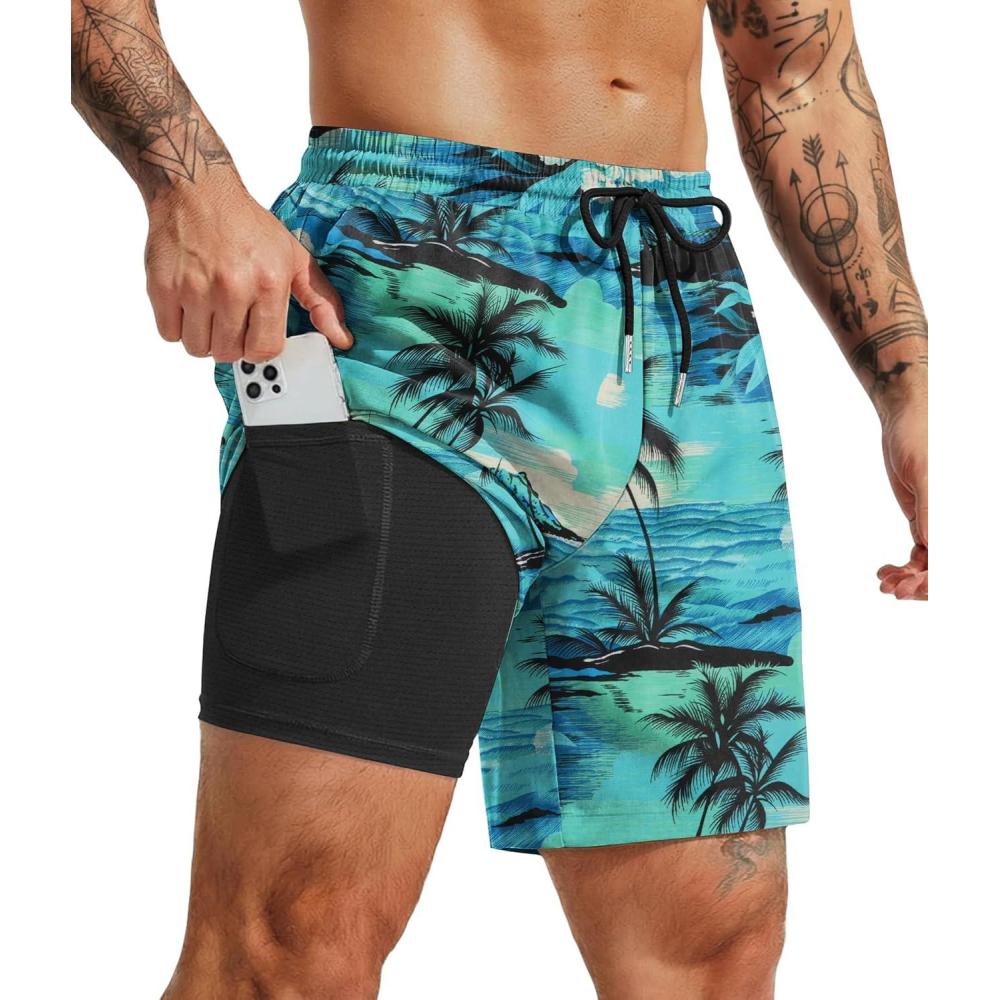 imageCOOFANDY Mens 7 Swim Trunks with Compression Liner Quick Dry 2 in 1 Bathing Suit Beach Swimwear Board Shorts with PocketsGreen Coconut Trees