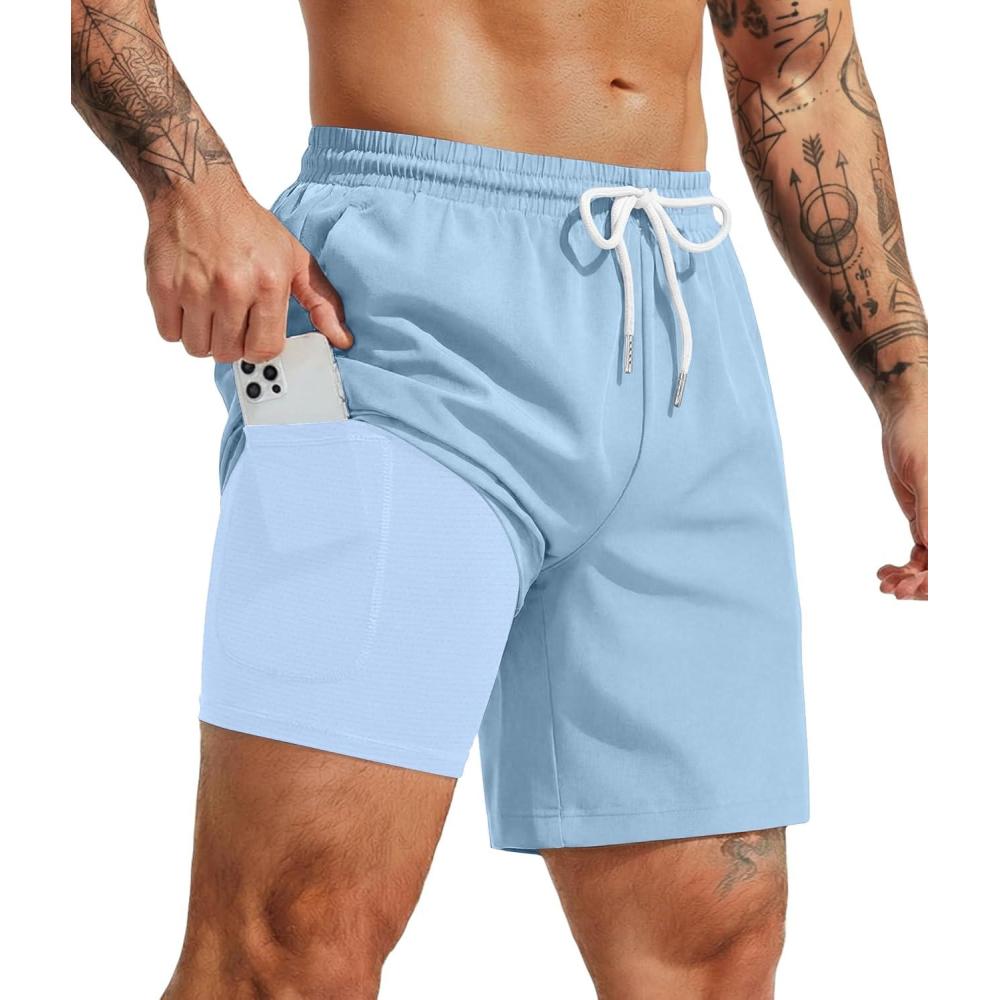 imageCOOFANDY Mens 7 Swim Trunks with Compression Liner Quick Dry 2 in 1 Bathing Suit Beach Swimwear Board Shorts with PocketsLight Blue