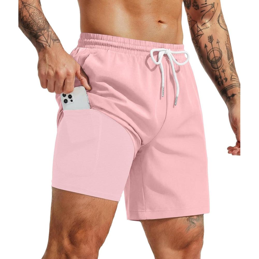 imageCOOFANDY Mens 7 Swim Trunks with Compression Liner Quick Dry 2 in 1 Bathing Suit Beach Swimwear Board Shorts with PocketsLight Pink