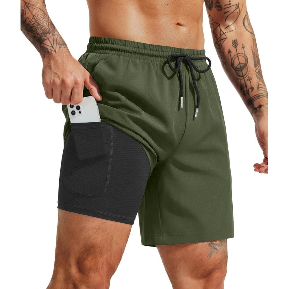 imageCOOFANDY Mens 7 Swim Trunks with Compression Liner Quick Dry 2 in 1 Bathing Suit Beach Swimwear Board Shorts with PocketsMilitary Green