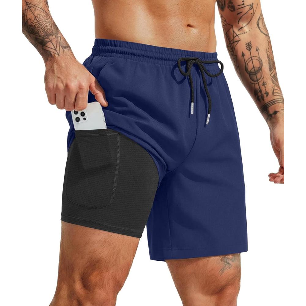 imageCOOFANDY Mens 7 Swim Trunks with Compression Liner Quick Dry 2 in 1 Bathing Suit Beach Swimwear Board Shorts with PocketsNavy Blue