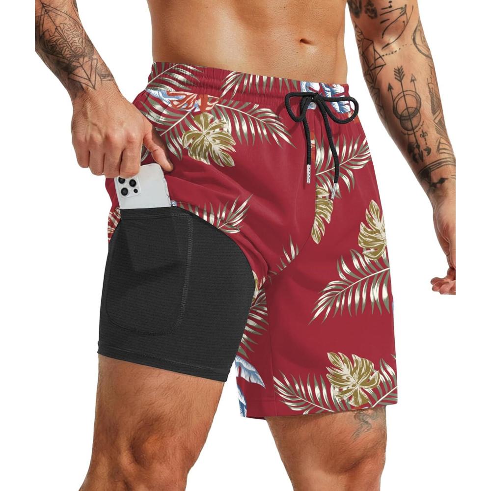 imageCOOFANDY Mens 7 Swim Trunks with Compression Liner Quick Dry 2 in 1 Bathing Suit Beach Swimwear Board Shorts with PocketsRed Leaves
