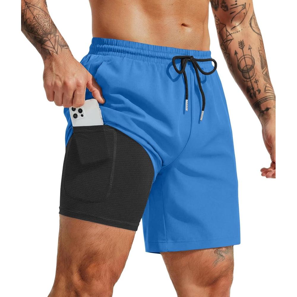 imageCOOFANDY Mens 7 Swim Trunks with Compression Liner Quick Dry 2 in 1 Bathing Suit Beach Swimwear Board Shorts with PocketsSea Blue