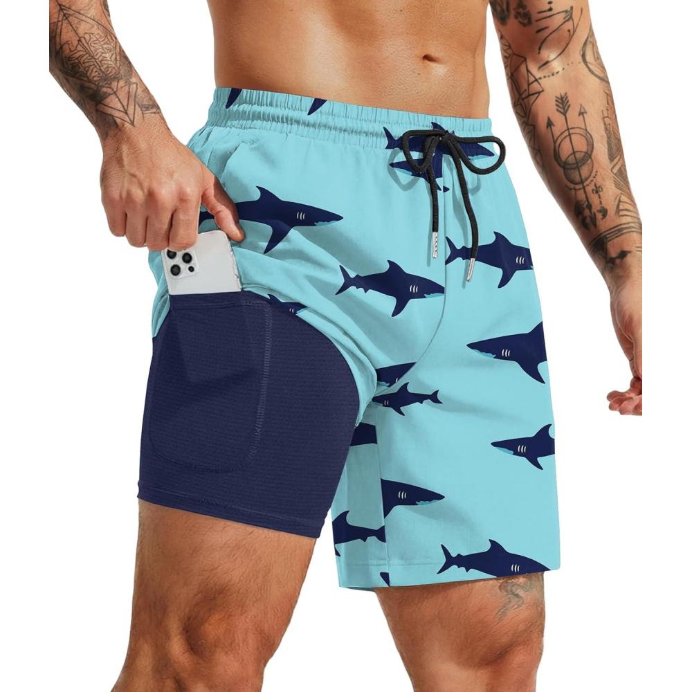 imageCOOFANDY Mens 7 Swim Trunks with Compression Liner Quick Dry 2 in 1 Bathing Suit Beach Swimwear Board Shorts with PocketsShark Green