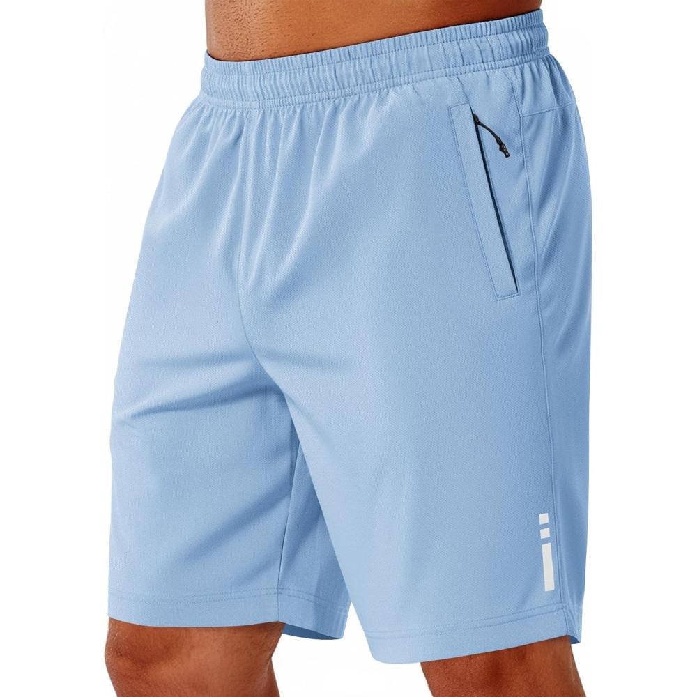 imageCOOFANDY Mens Athletic Running Shorts 9 Lightweight Quick Dry Drawstring Mesh Gym Shorts with Zipper PocketsLight Blue
