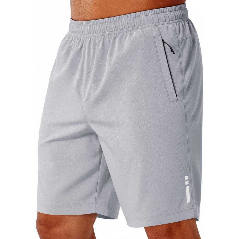 imageCOOFANDY Mens Athletic Running Shorts 9 Lightweight Quick Dry Drawstring Mesh Gym Shorts with Zipper PocketsLight Grey