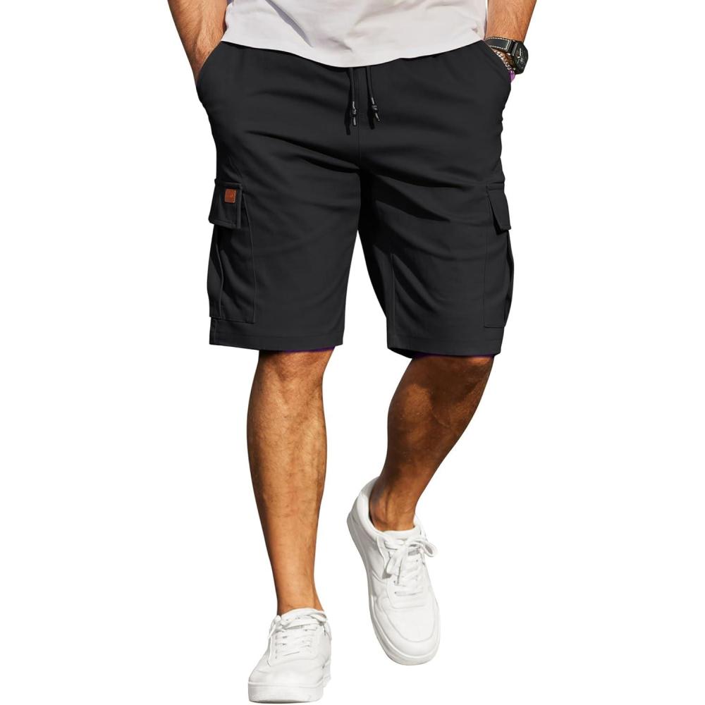 imageCOOFANDY Mens Casual Cargo Shorts 10 Drawstring Elastic Waist Shorts Summer Cotton Chino Work Shorts with 6 PocketsBlack