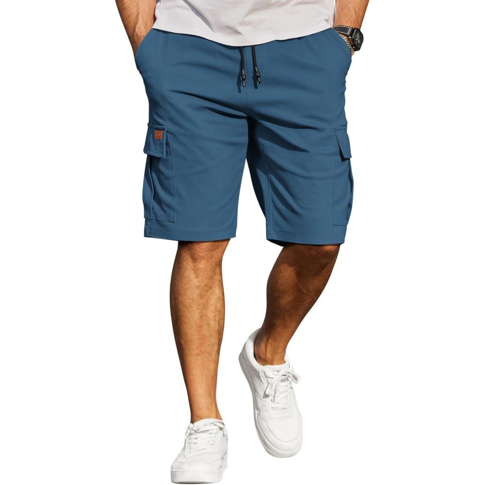 imageCOOFANDY Mens Casual Cargo Shorts 10 Drawstring Elastic Waist Shorts Summer Cotton Chino Work Shorts with 6 PocketsBlue