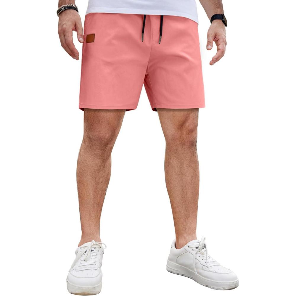 imageCOOFANDY Mens Casual Cotton Shorts Summer Beach 5 Inch Shorts Lightweight Drawstring Elastic Waist Chino Golf ShortsPink