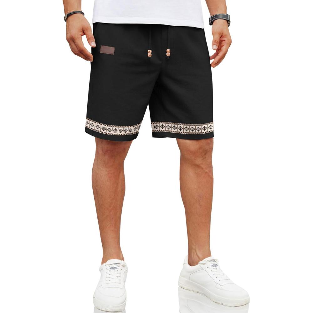 imageCOOFANDY Mens Casual Linen Shorts Elastic Waist Drawstring Loose Fit Summer Beach Vacation Shorts with PocketsBoho Jacquard 2