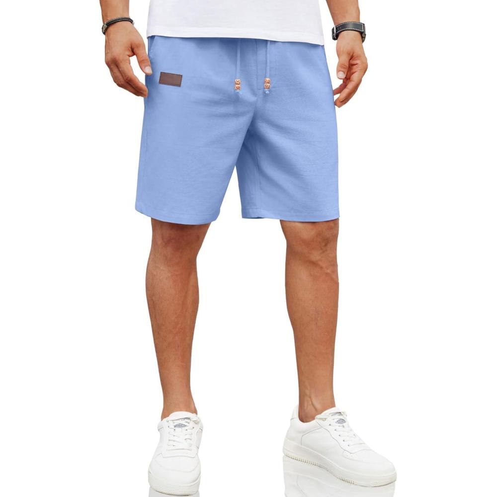 imageCOOFANDY Mens Casual Linen Shorts Elastic Waist Drawstring Loose Fit Summer Beach Vacation Shorts with PocketsSky Blue