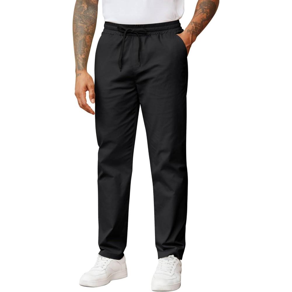 imageCOOFANDY Mens Casual Pants Drawstring Elastic Waist Chino Pants Straight Leg Slacks Cotton Twill Trousers with PocketsBlack