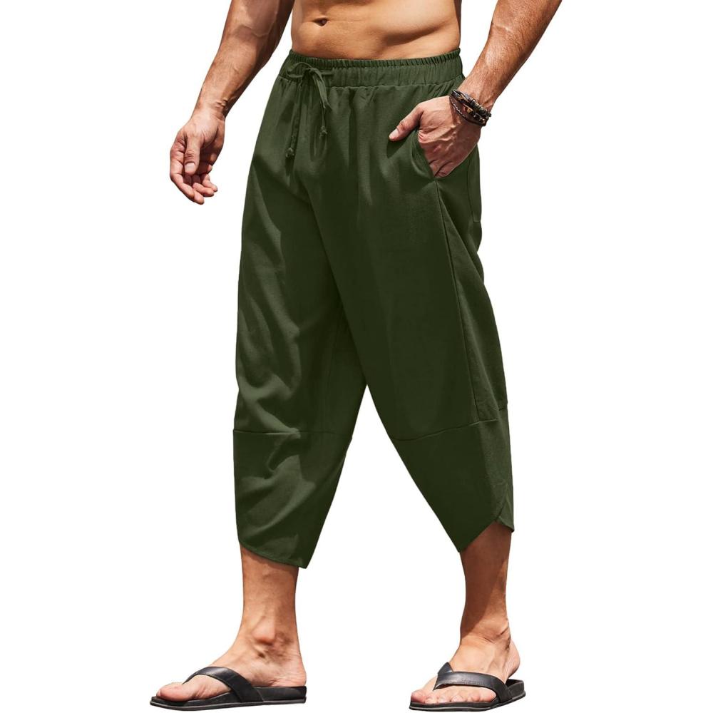 imageCOOFANDY Mens Casual Pants Linen Capri Harem Pants Loose Fit Baggy Pants Lightweight Beach Yoga TrousersArmy Green