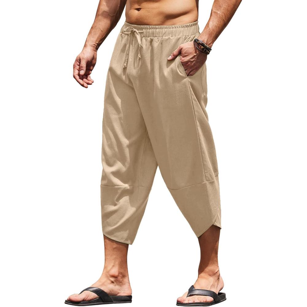 imageCOOFANDY Mens Casual Pants Linen Capri Harem Pants Loose Fit Baggy Pants Lightweight Beach Yoga TrousersKhaki