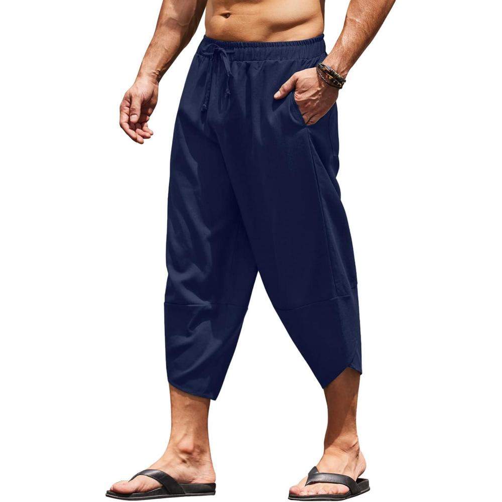 imageCOOFANDY Mens Casual Pants Linen Capri Harem Pants Loose Fit Baggy Pants Lightweight Beach Yoga TrousersNavy Blue