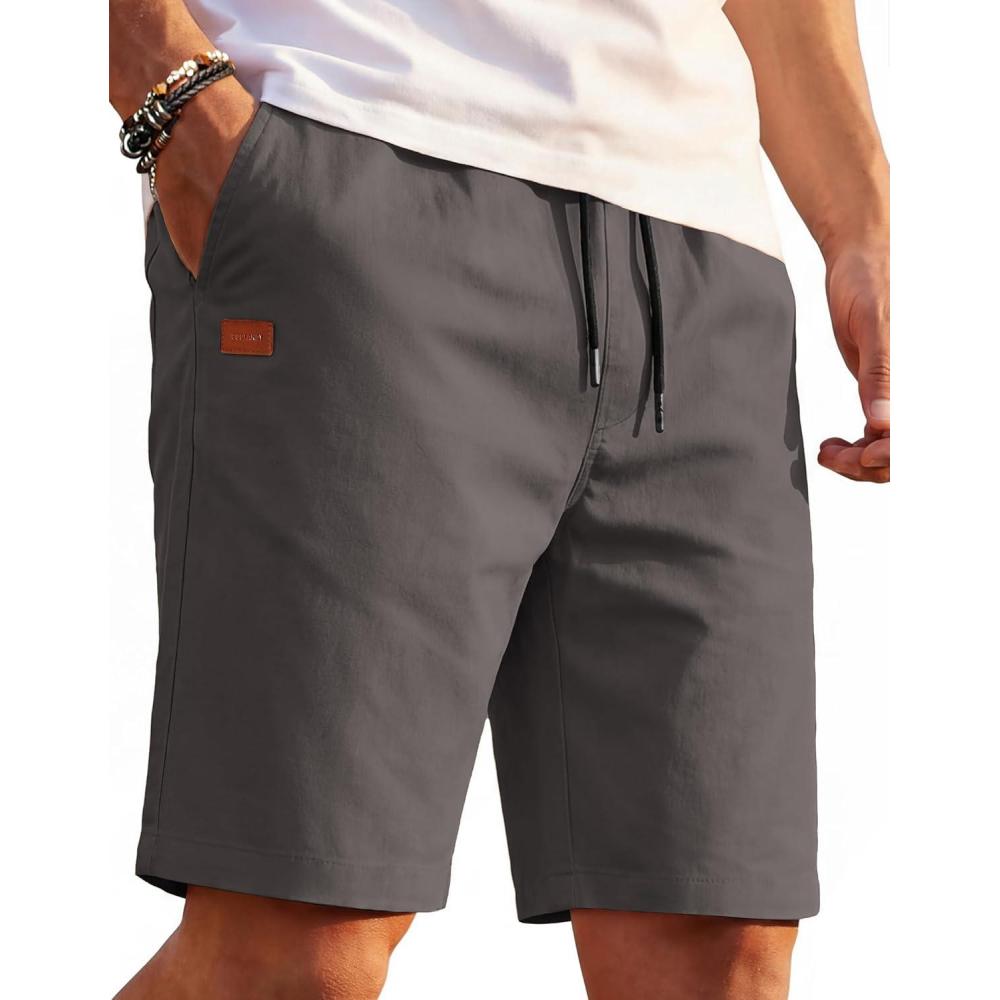 imageCOOFANDY Mens Casual Shorts 9 Cotton Drawstring Elastic Waist Lightweight Summer Beach Shorts with PocketsDark Grey