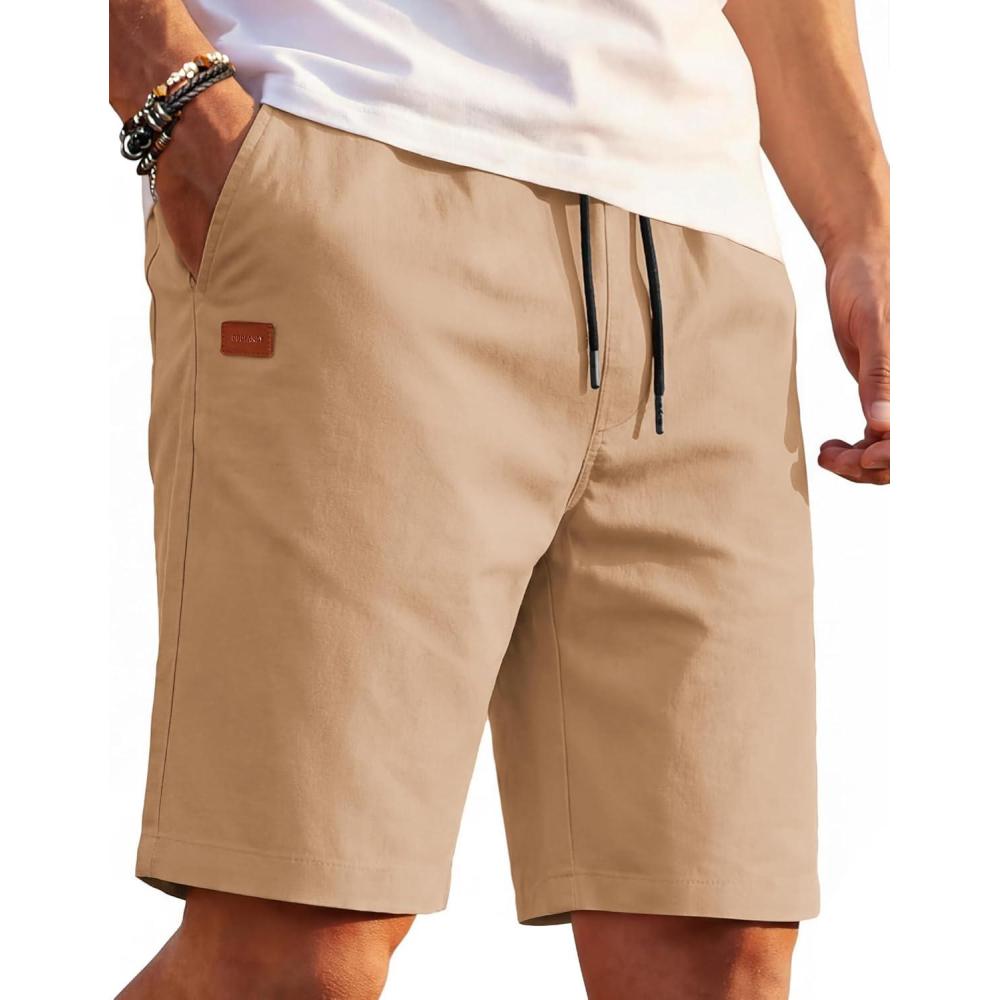 imageCOOFANDY Mens Casual Shorts 9 Cotton Drawstring Elastic Waist Lightweight Summer Beach Shorts with PocketsKhaki