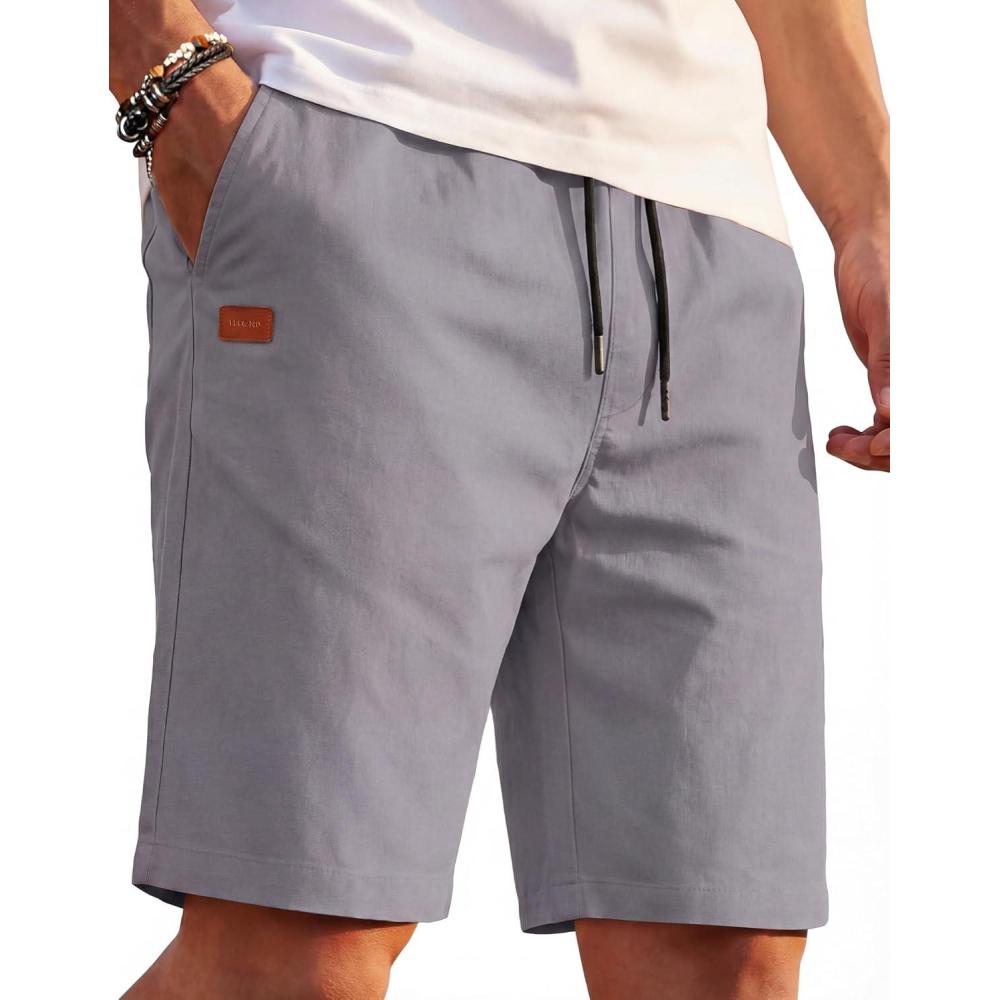 imageCOOFANDY Mens Casual Shorts 9 Cotton Drawstring Elastic Waist Lightweight Summer Beach Shorts with PocketsLight Grey