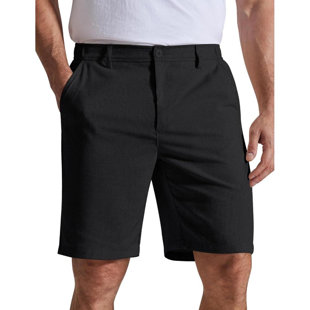 imageCOOFANDY Mens Casual Shorts 9 Flat Front Elastic Waist Linen Dress Shorts Lightweight Summer Outfits with PocketsBlack